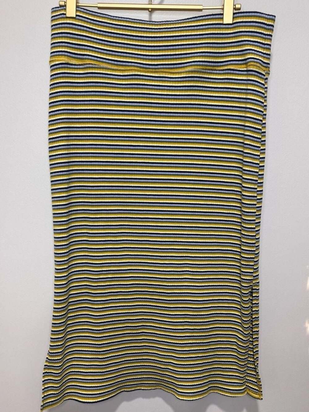 Aerie Women's Ribbed Multi-Color Striped Midi Skirt with Side Slits, Sz L
